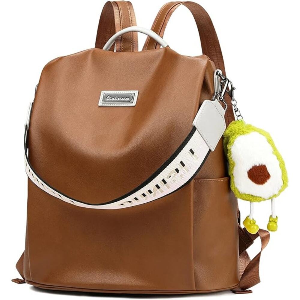 Brown Faux Leather Backpack Purse with Cute Plush Keychain